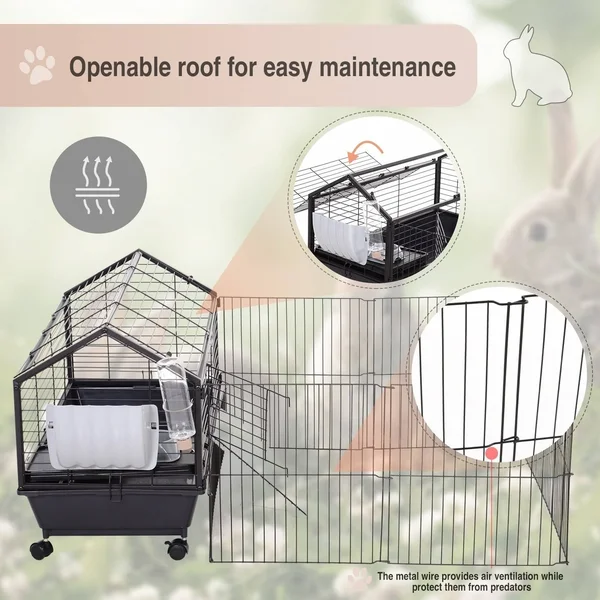 PawHut Rolling Metal Rabbit, Guinea Pig, or Small Animal Hutch Cage with Main House and Run