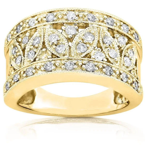 Annello by Kobelli 14K Yellow Gold 1/2ct TDW Diamond Floral Wide Band Anniversary Ring (Size: 8), Women's, H-I