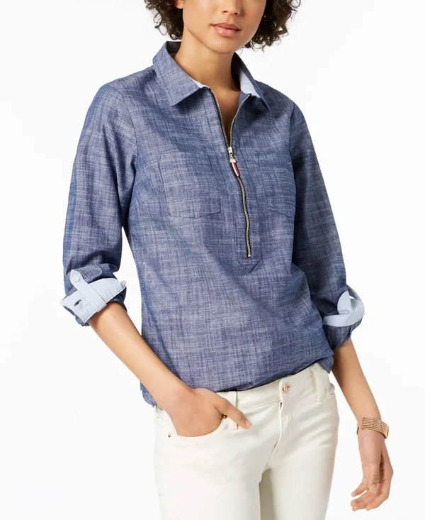 Tommy Hilfiger Women's Half Zip Popover Shirt, Chambray Blue, S