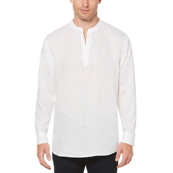Perry Ellis Men's Solid Linen Popover Shirt - White Xs