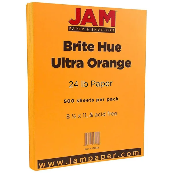 Jam Paper Colored 24lb Paper, 8.5 x 11, Ultra Orange, 500 Sheets/Ream (102558B)