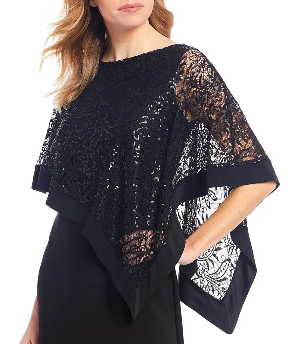 R & M Richards Women's Lace Poncho Overlay Gown - Black - 12