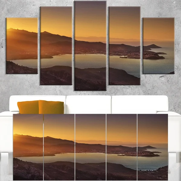 Design Art Portoferraio Bay Beach Aerial View - Extra Large Seashore Canvas Art - 60 in. Wide x 28 in. High - 5 Equal Panels