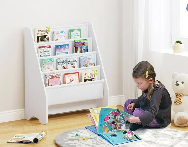 Utex Kids Sling Bookshelf - Magazine Rack - Book Rack for Kids, Book Organizer (White)