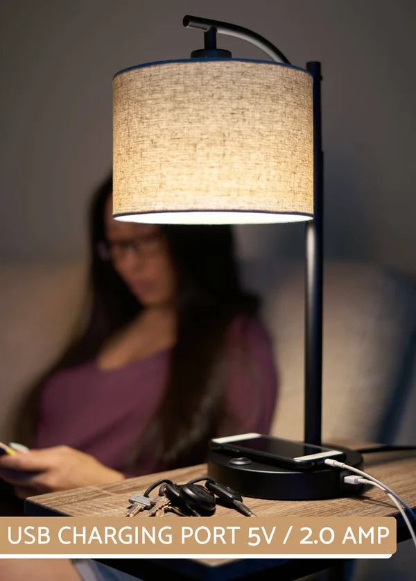 Kira Home York 18x22 Minimalist Arc Table Lamp w/ 2.0 Amp USB Charging Port, Honey