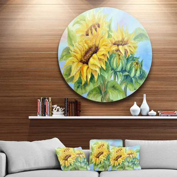 Design Art 'Three Sunflowers' Painting Print on Metal, Yellow