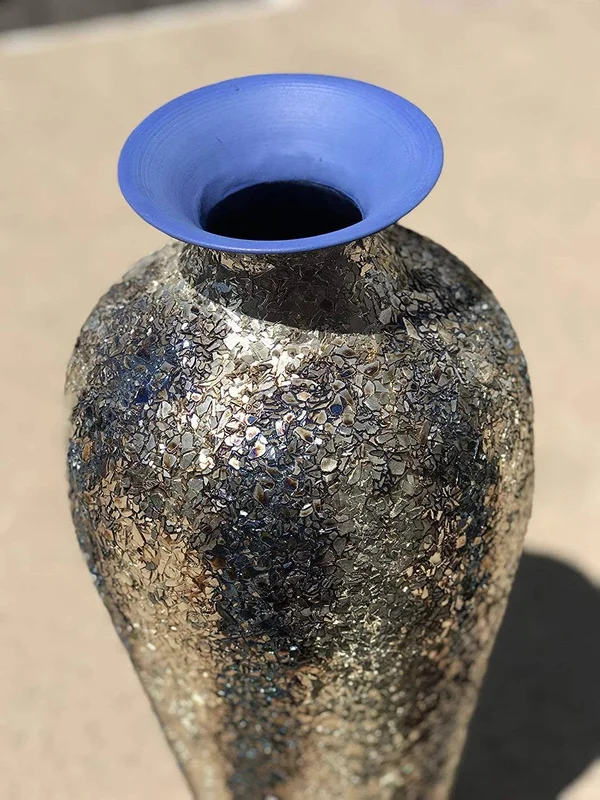 DecorShore Fired Gold Vase with Striped Crackled Glass Mosaic -Artisan Metal Accent Vase with Sparkling Metallic Glass Flake Ove