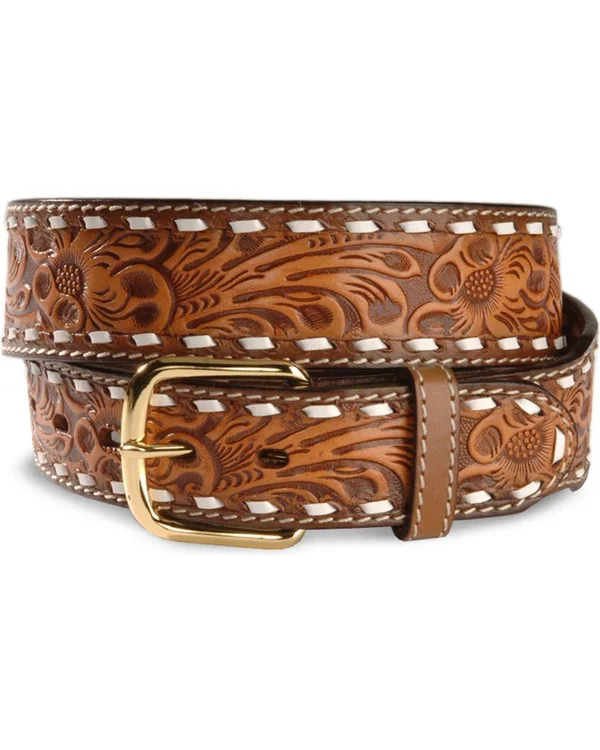 3D Belt Mens Western Buckstitch Floral Leather Brass Natural 3870