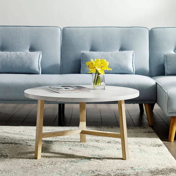 Walker Edison 30x22 Round Coffee Table - White Marble and Light Oak