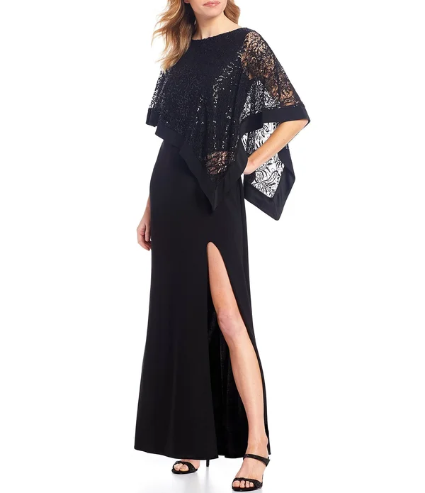 R & M Richards Women's Lace Poncho Overlay Gown - Black - 12