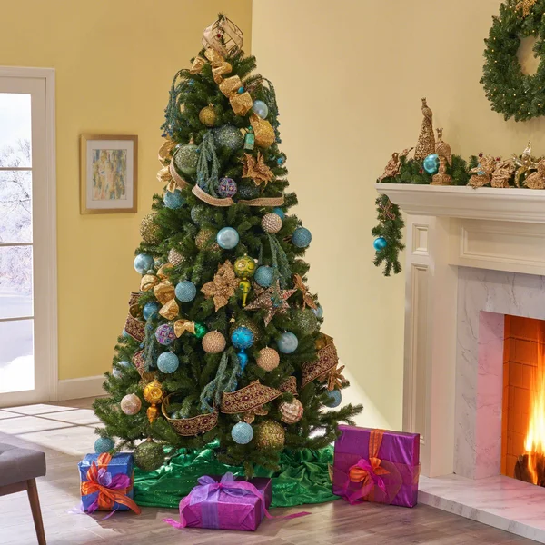 7' Pre-Lit Medium Noble Fir Hinged Artificial Christmas Tree - Multicolor Lights