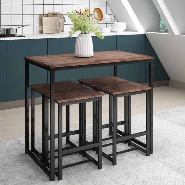 5 Piece Dining Set for 4 Rustic Kitchen Counter Height Pub Table Set with 4 Stools, Brown