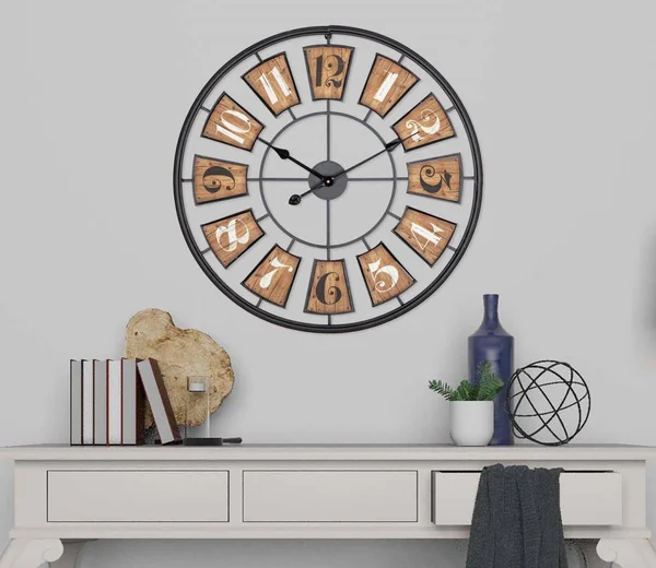 Utopia Alley CL45WD 27 in. Metal Wall Clock with Black Frame & Wood Colored Panels