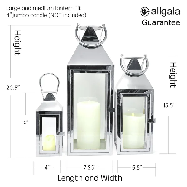 Allgala 3-Pc Set Jumbo Luxury Modern Indoor/Outdoor Hurricane Candle Lantern Set with Chrome Plated Structure and Tempered Glass