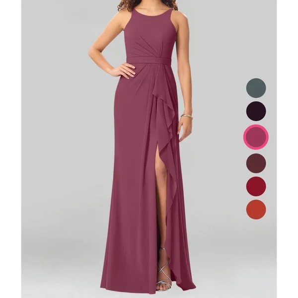 Azazie Sheath/Column Scoop Floor-Length Chiffon Bridesmaid Dresses - Mulberry