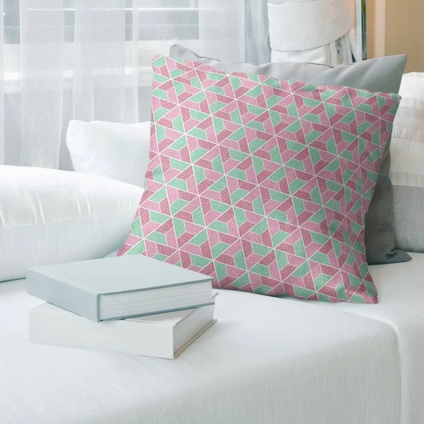 Green Feature Three Color Trapezoids Throw Pillow - 16 x 16 - Green Pink & Red - Synthetic Fiber