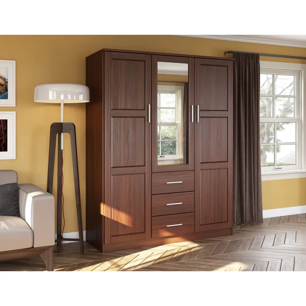 100% Solid Wood 3-Door Cosmo Wardrobe with Mirror 7115 by Palace Imports, Gray