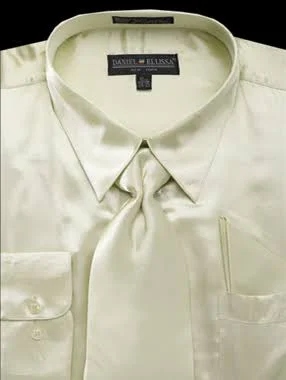 Men's Satin Dress Shirt Regular Fit in Olive with Tie and Pocket Square 14½ 32/33 - Olive