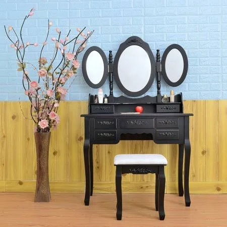 Boulevard F White Vanity Table with 3 Foldable Mirrors, Wood Dressing Table Set, Bedroom Makeup Table with 7 Drawers, Modern Van