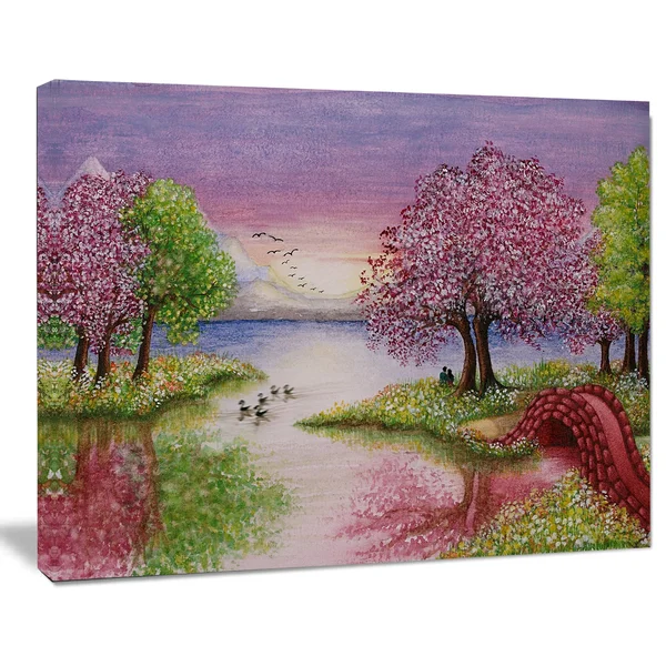 Design Art Romantic Lake in Pink and Green - Extra Large Wall Art Landscape, 32 in. Wide x 16 in. High