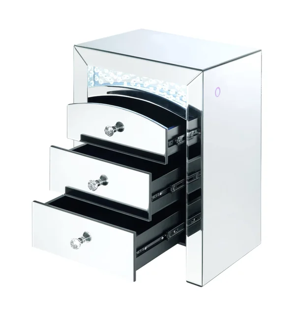 Mirrored Wooden Night Table with 3 Storage Drawers and Knobs Silver