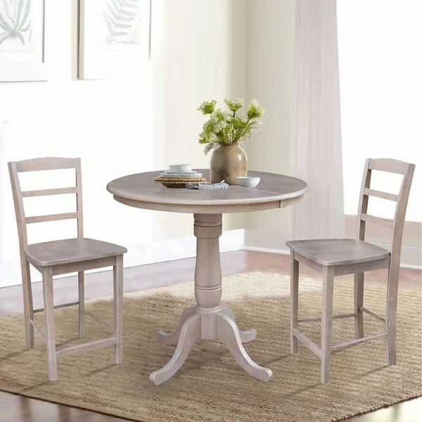 International Concepts 36x22 Round Extension Dining Table 34.9x22H with 2 Madrid Counter Height Stools, Washed Gray Taupe
