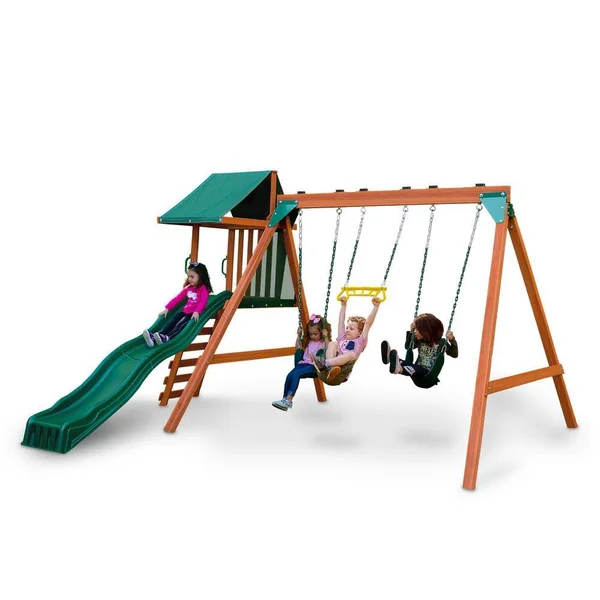 Swing-n-slide Ranger Plus Wooden Swing Set with Slide - Climbing Wall and Swings