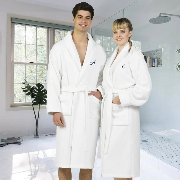 Linum Home Textiles Hotel Turkish Cotton Waffle Terry Bathrobe with Satin Piped Trim - Personalized - White - Women's, Size: Larg