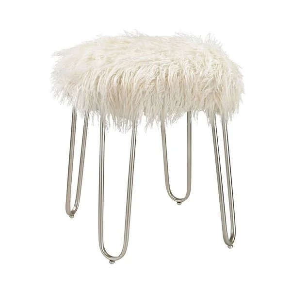 Bailey Street Home Retro White Faux Fur Stool with Silver Legs Made of Faux Fur - Metal in Silver, White Faux Fur Finish