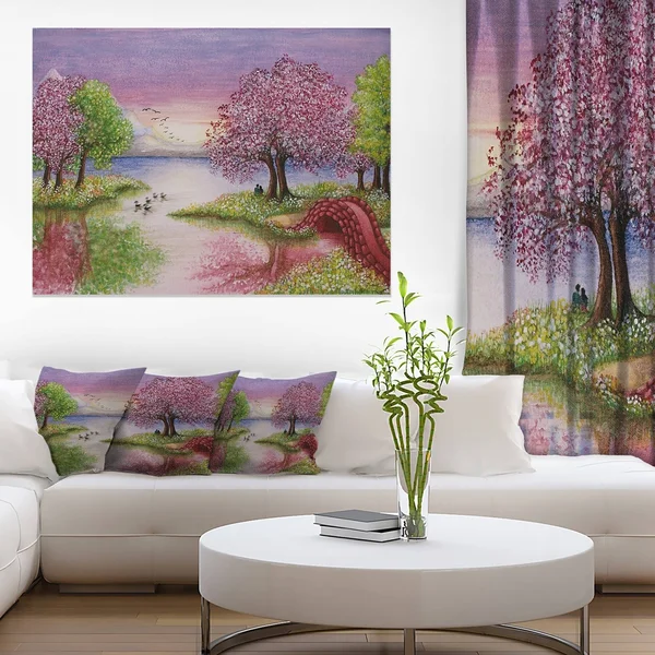 Design Art Romantic Lake in Pink and Green - Extra Large Wall Art Landscape, 32 in. Wide x 16 in. High