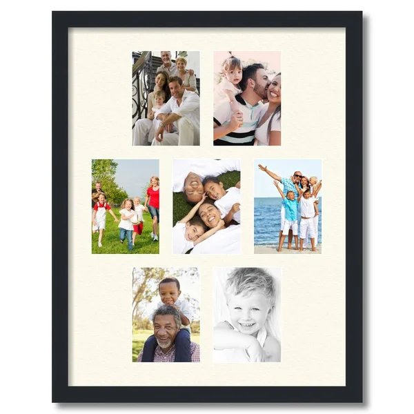 Collage Picture Frame, Satin Black Frame with 7 openings for 5x7 Photos with Ivory Off White Mat. D3926FZ2226, ArtToFrames