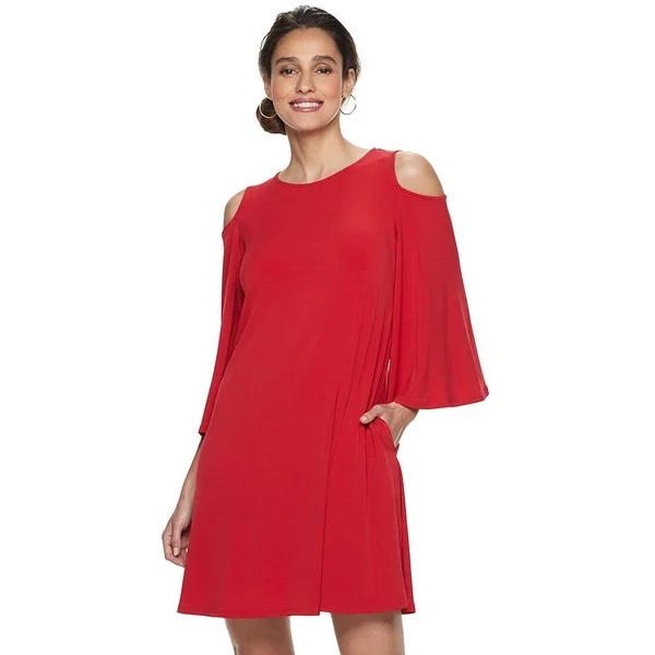 Women's Nina Leonard Draped Sleeve Cold-Shoulder Dress, Size: Small, Red