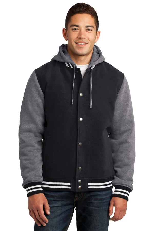Sport-Tek JST82 Insulated Letterman Jacket - Black/Vintage Heather XL