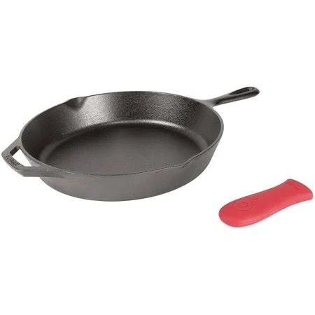 Lodge Pre-Seasoned Cast Iron Skillet with Assist Handle Holder, 12 inch, Red Silicone