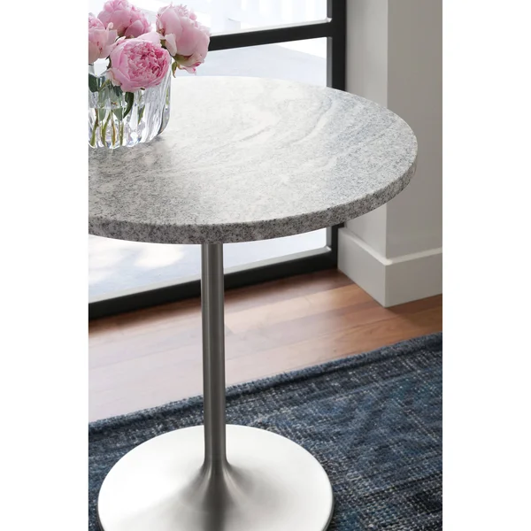 Room & Board, Modern Aria Round End Table 18 Diameter 22H in White, Marbled White Quartz Top w/ White Base
