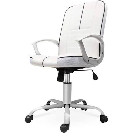 Office Chair Leather, Mid Back Home Office Chair Bonded Leather Computer Swivel Task Desk Chair - White