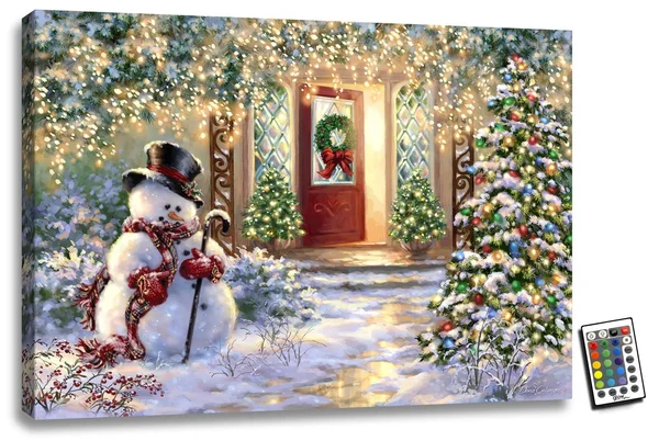 Crafted Creations 18x22 x 24x22 White and Green Christmas Snowman Home Back-Lit Wall Art with Remote Control