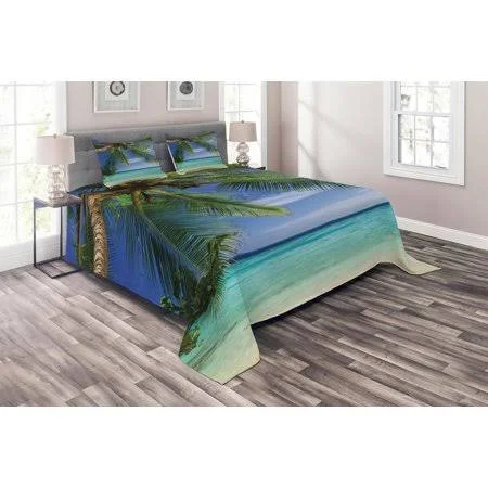 Ambesonne Ocean Coverlet Set, Tropical Paradise View at Maldives with Palms Clear Blue Sky Seashore Picture, Decorative Quilted