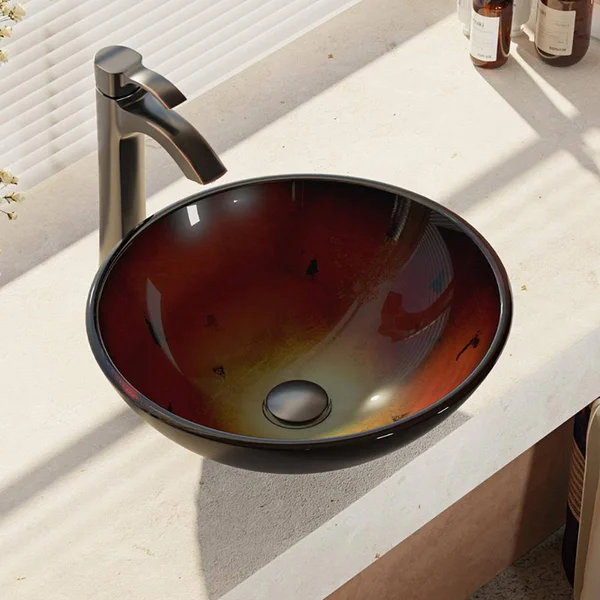 Rene R5-5007-R9-7006-ABR Foil Undertone Glass Vessel Sink with Antique Bronze Vessel Faucet - Sink Ring, and Vessel Pop-Up Drain