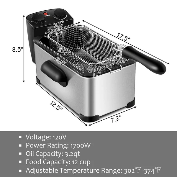 3.2 Quart Electric Stainless Steel Deep Fryer with Timer - Black/Silver