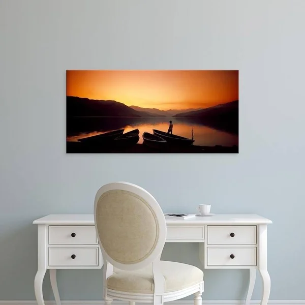 Easy Art Prints Panoramic Images's 'Fishing Boats at A Lakeside - Phewa Lake, Nepal' Premium Canvas Art - 20 x 40 - Modern Black