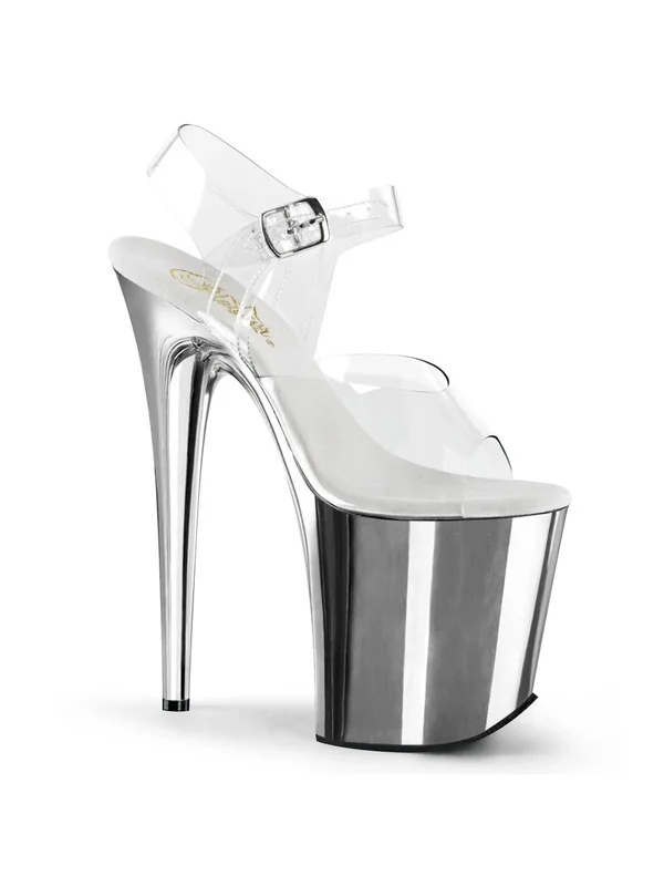Pleaser Flamingo-808, 8x22 Heel Chrome Ankle Strap - Clear/Silver 6