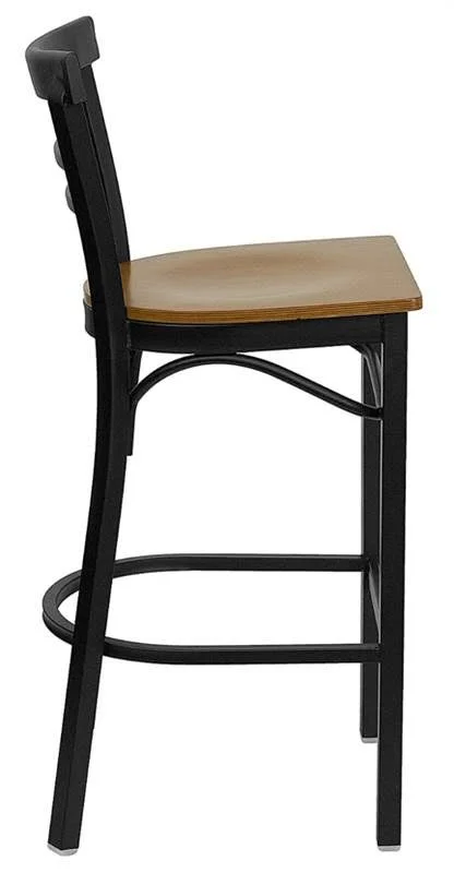 Flash Furniture Hercules Metal Ladder Back Wood Seat Restaurant Bar Stool, Black