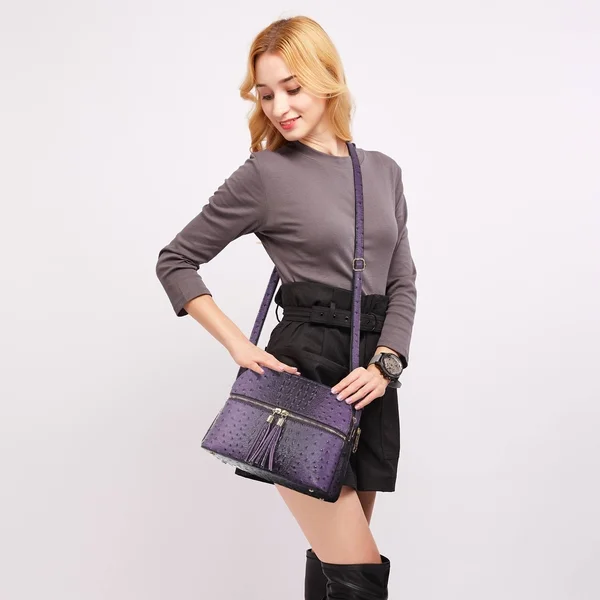 Dasein Ostrich Embossed Leather Crossbody Messenger Bag - Purple