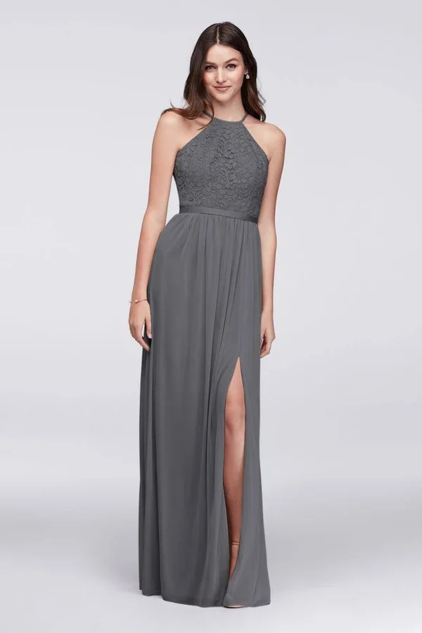 Open-Back Lace and Mesh Bridesmaid Dress - Grey (Gray) - 26