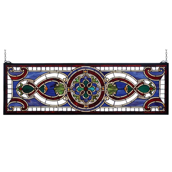 Meyda 35 inch W x 11 inch H Evelyn in Lapis Transom Stained Glass Window 77907