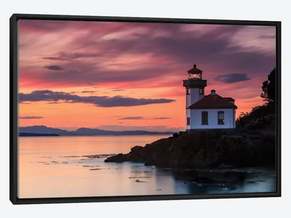 Framed Canvas Art - Orange Sunset at Lime Kiln Lighthouse by Shawn & Corinne Severn ( scenic & landscapes > Nautical