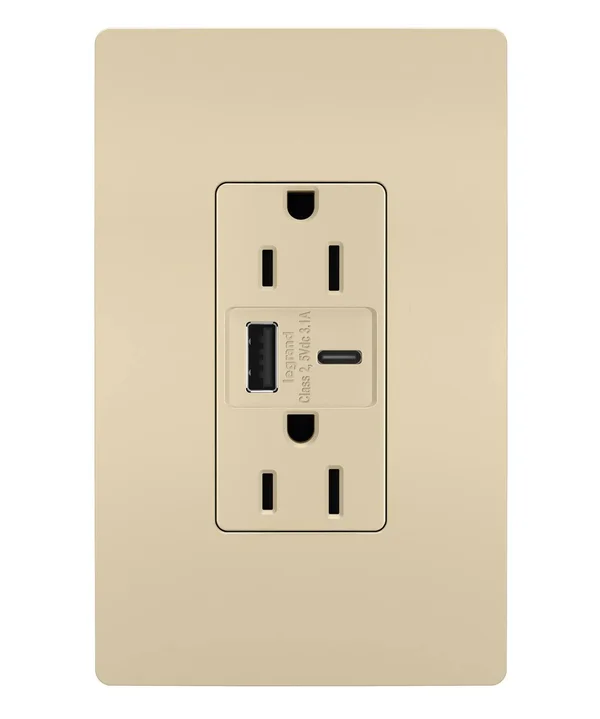 Pass & Seymour Legrand Radiant R26USBACI Hybrid Type A/C USB Chargers with Duplex 15A Tamper-Resistant Receptacles - Ivory