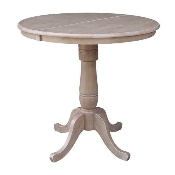 International Concepts 36x22 Round Extension Dining Table 34.9x22H with 2 Madrid Counter Height Stools, Washed Gray Taupe