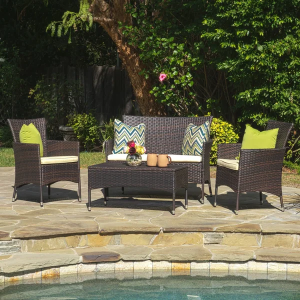 Mina Outdoor 4 Piece Wicker Chat Set with Water Resistant Cushions - Multibrown, Beige